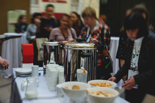 Set of coffee break in the hotel during conference meeting, with tea and coffee catering