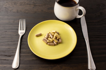 Suppliments overload or fasting with suppliments. Representation of taking too much suppliment that one can be full from just supplimentation.