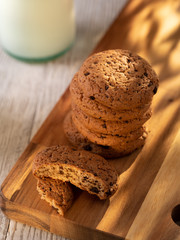 Oatmeal Cookies On A Wooden Board On A Sunny Day. Angle View.