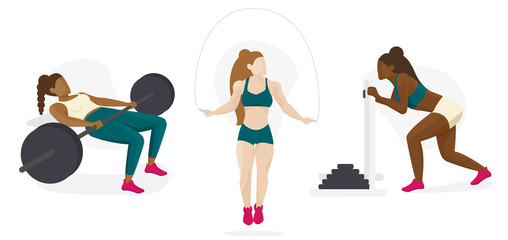 Female Strength Training Athlete, Body Builder, Crossfit Character Icon Set, Multicultural Diversity Concept	