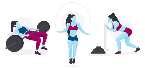 Female Strength Training Athlete, Body Builder Character Icon Set, Avatar Concept