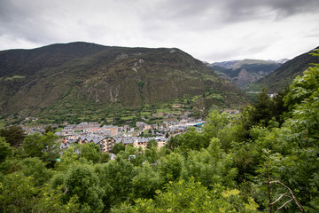 Aerial view of a small village of Encamp, located in Pyrenees Mountains,in Andorra. Great place for hiking, trekking, camping. Great hike in the forest with lots of incredible views of the mountains