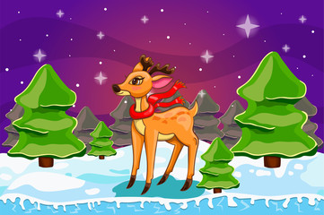 Winter landscape with Christmas tree and deer