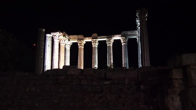 Columns Roman Temple of Diana at night Evora Portugal  4k