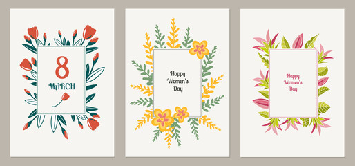 Fototapeta na wymiar Set of three cards for international Women's Day 8 march with frame made of tulip, lilyes flower, wildflowers and leaves. Greeting cards, banners in the delicate artistic style. Vector illustration.