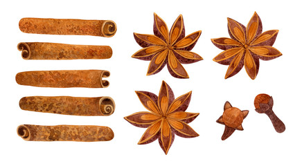  A watercolor illustration set of spices on a white background. Cinnamon, anise, clove. Spices for mulled wine.