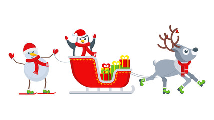 Penguin and snowman on a reindeer harness.