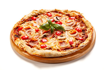 Pizza with ham on white background