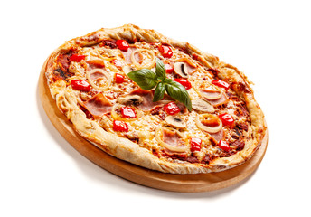 Pizza with ham on white background