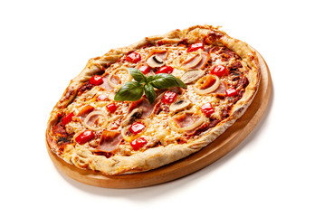 Pizza with ham on white background