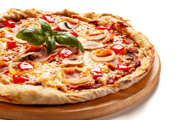 Pizza with ham on white background