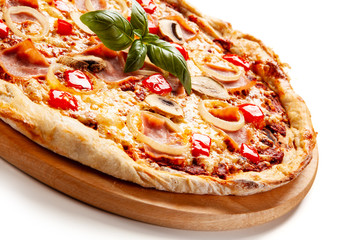Pizza with ham on white background