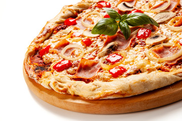 Pizza with ham on white background