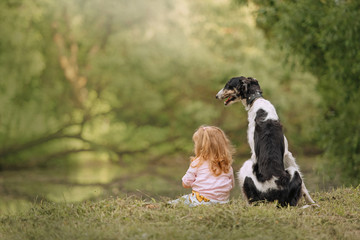 Naklejka na ściany i meble girl with long hair and borzoi dog sitting outdoors together, rear view