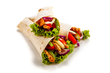 Kebab - grilled meat and vegetables on white background - obrazy, fototapety, plakaty