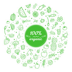 Heathy food. 100% organic. Set of hand drawn isolated icon. Green. vector