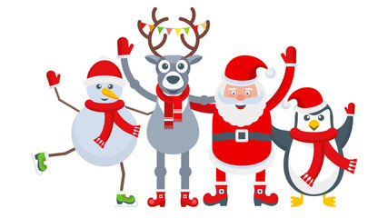 Santa Claus, penguin, snowman and reindeer. Funny characters.