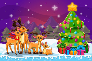 Obraz na płótnie Canvas Winter landscape with tree and deer family