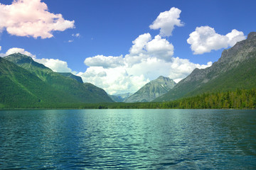 scenic lake in the mountains with clouds