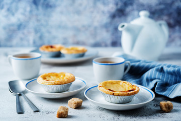 Portuguese custard pies, Pastel de Nata or Pastel de Belem. Traditional portuguese pastry