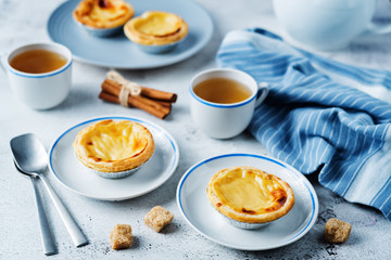 Portuguese custard pies, Pastel de Nata or Pastel de Belem. Traditional portuguese pastry