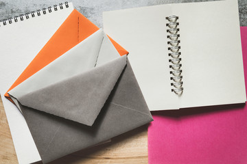 Various envelopes and notebooks,, close-up