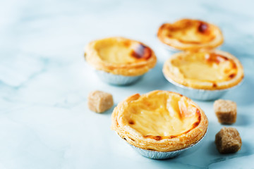 Portuguese custard pies, Pastel de Nata or Pastel de Belem. Traditional portuguese pastry