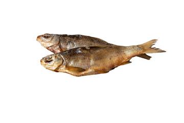 Dried fish isolated on white background. Beer snack. Roach. Selective focus. Space for lettering or...