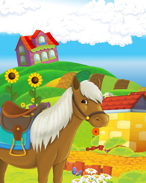 cartoon scene with life on the farm with horse and cat - illustration for the children