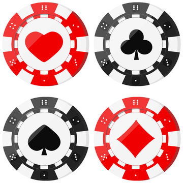 Poker chips set with card suits hearts, spades, diamonds, clubs.
