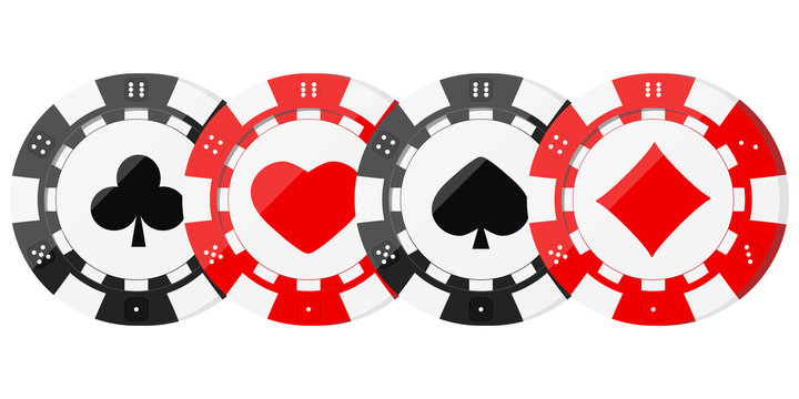 Poker chips with card suits hearts, spades, diamonds, clubs in horizontal row.