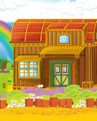cartoon scene with funny looking farm house on the hill - illustration for children
