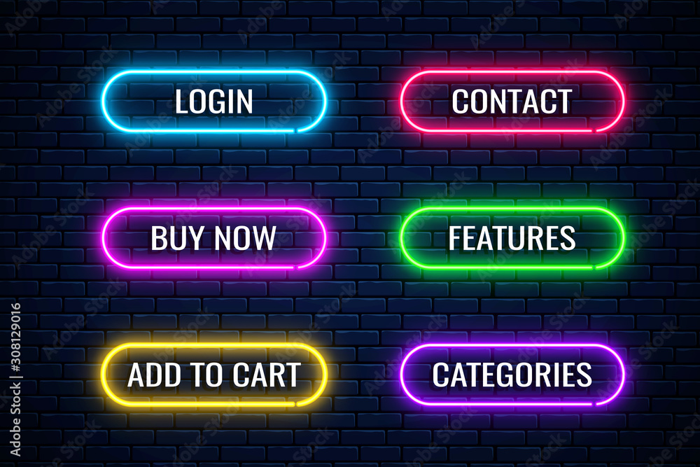 Wall mural glow neon buttons for internet store design. set of website shop button. vector shiny design element