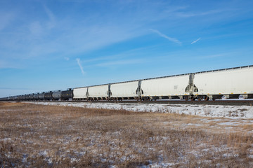 Fototapeta na wymiar Covered Railway Cars and Tank Cars Across the Prairie