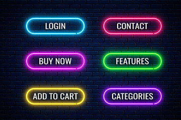 Glow neon buttons for internet store design. Set of website shop button. Vector shiny design elements