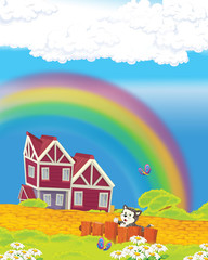 Obraz na płótnie Canvas cartoon scene with cheerful cat having fun on the farm - illustration for children