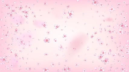 Nice Sakura Blossom Isolated Vector. Magic Showering 3d Petals Wedding Border. Japanese Blurred Flowers Wallpaper. Valentine, Mother's Day Magic Nice Sakura Blossom Isolated on Rose