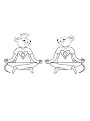 Set of Fantasy mouse characters love yoga on a white background. Symbol of 2020. Contour illustration of a mouse yoga (rat). Paint. Seamless pattern for printing on fabric, wrapping paper, postcard, p