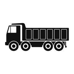 Dump truck icon. Black silhouette. Side view. Vector drawing. Isolated object on a white background. Isolate.