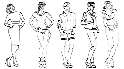 Silhouettes of girls in various poses on a white background. Line work. Black and white.