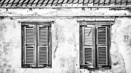 old window with wooden shutters Black and white