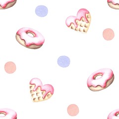  Seamless pattern of watercolor donuts and waffles 