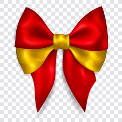 Beautiful big bow in colors of Spain flag made of shiny ribbon with shadow on transparent background. Transparency only in vector format