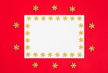 Christmas mockup with snowflakes on red background. Happy new year. Space for text. Winter concept. Greeting card.