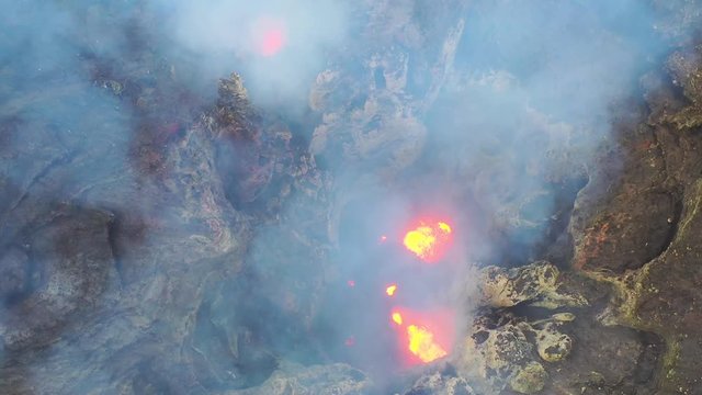 2019 - stunning dramatic aerial over Mt. Yasur volcano volcanic eruption lava on Tanna Island, Vanuatu.  