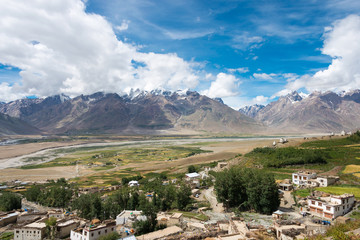 Zanskar, India - Aug 15 2019 - Beautiful scenic view from Kursha Monastery in Zanskar, Ladakh, Jammu and Kashmir, India.