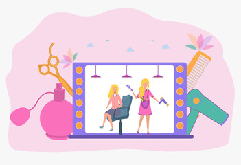 The hairdresser cuts the girl in the salon. Fancy Hairstyle. Beautiful vector illustration.