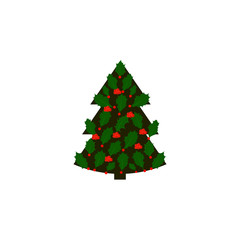 Christmas tree. Christmas tree with Holly leaves and berries. Vector illustration.