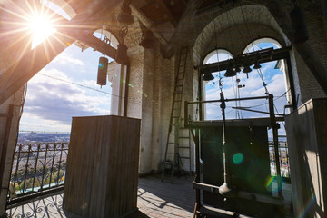Top floor of an old church tower with beautiful city views on a sunny day