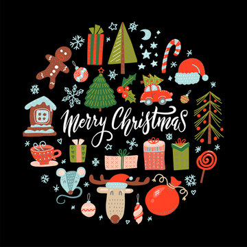 Big Collection of Winter Holidays Objects. Flat Design Illustration. Set of Merry Christmas Colorful Items in circle concept.